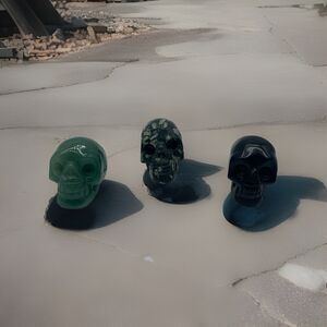 Lot Of 3 Carved Crystal Skulls 2” Aventurine Chrysanthemum And Black Obsidian